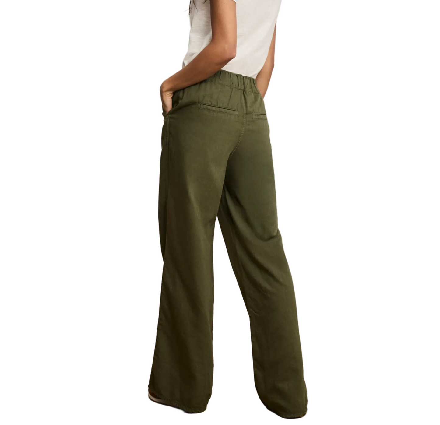 Person wearing olive green pants on a neutral background