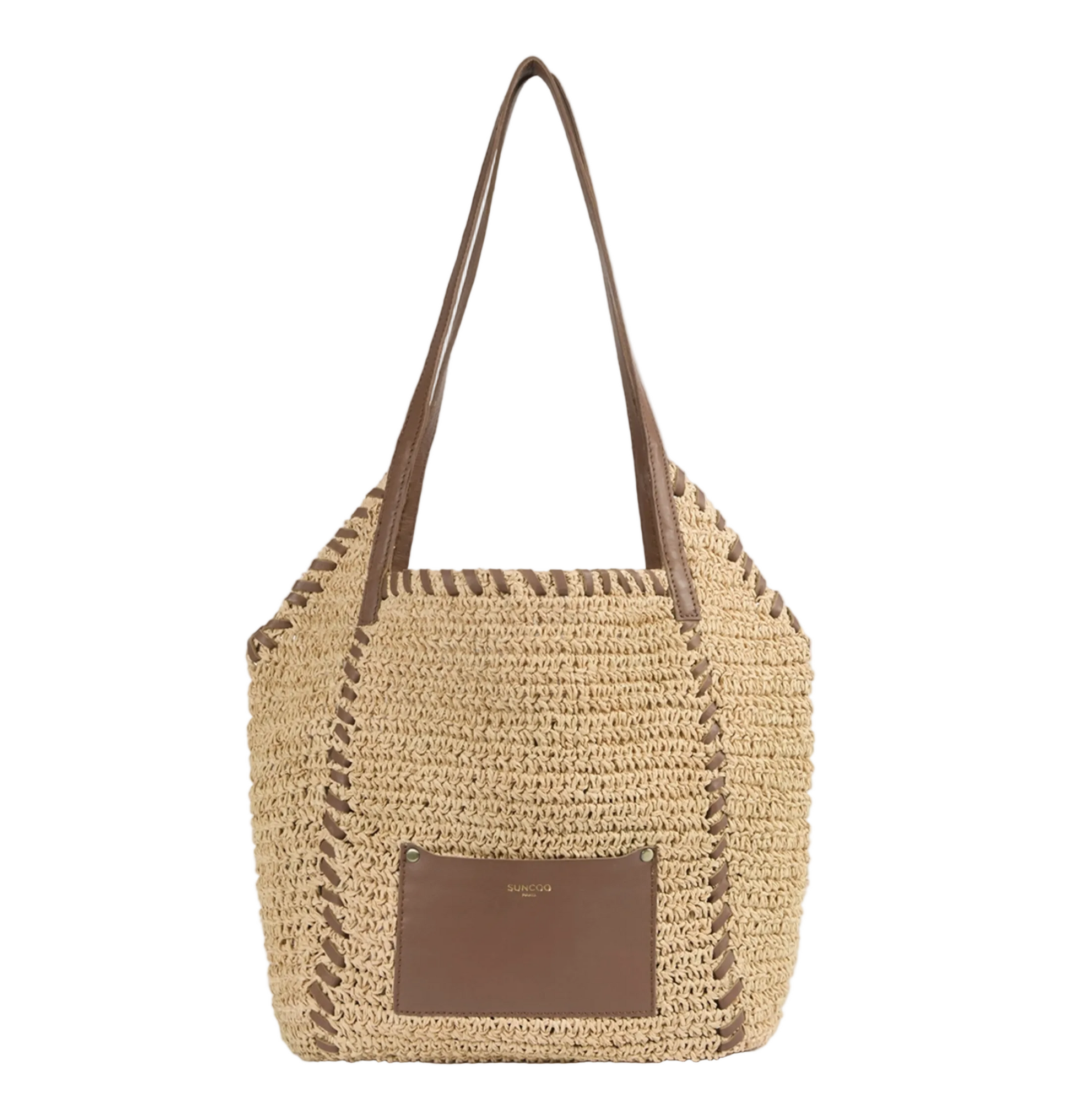 Woven straw handbag with brown leather accents on a light gray background