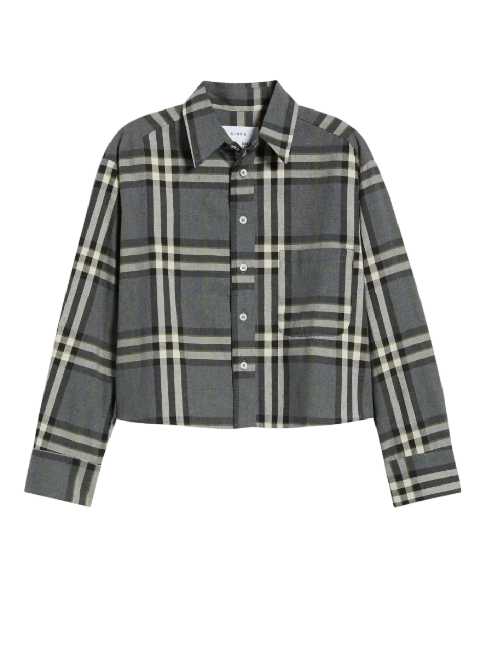 A cropped long-sleeve plaid button-up shirt in gray with cream and black stripes, shown flat against a light gray background.