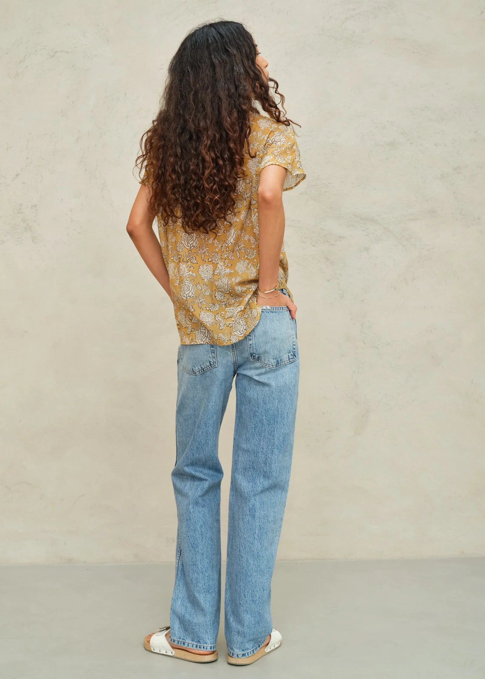 M.A.B.E Tulsi Print Short Sleeve Top Mustard - top available at Hiptique boutique in Woodland Hills California