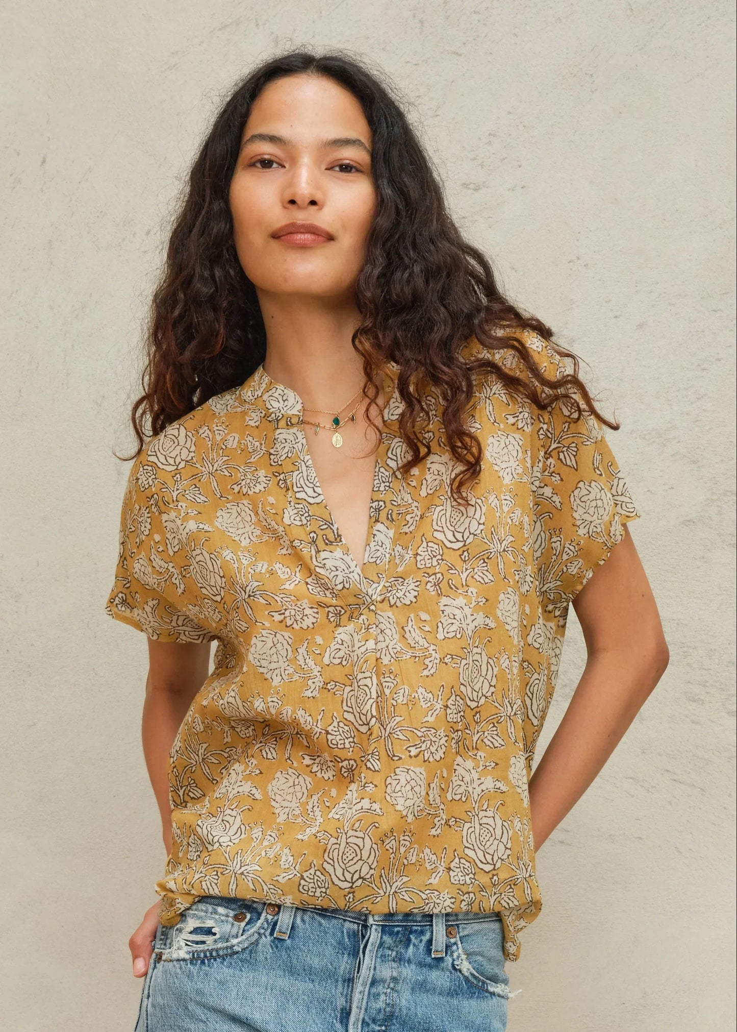 M.A.B.E Tulsi Print Short Sleeve Top Mustard - top available at Hiptique boutique in Woodland Hills California