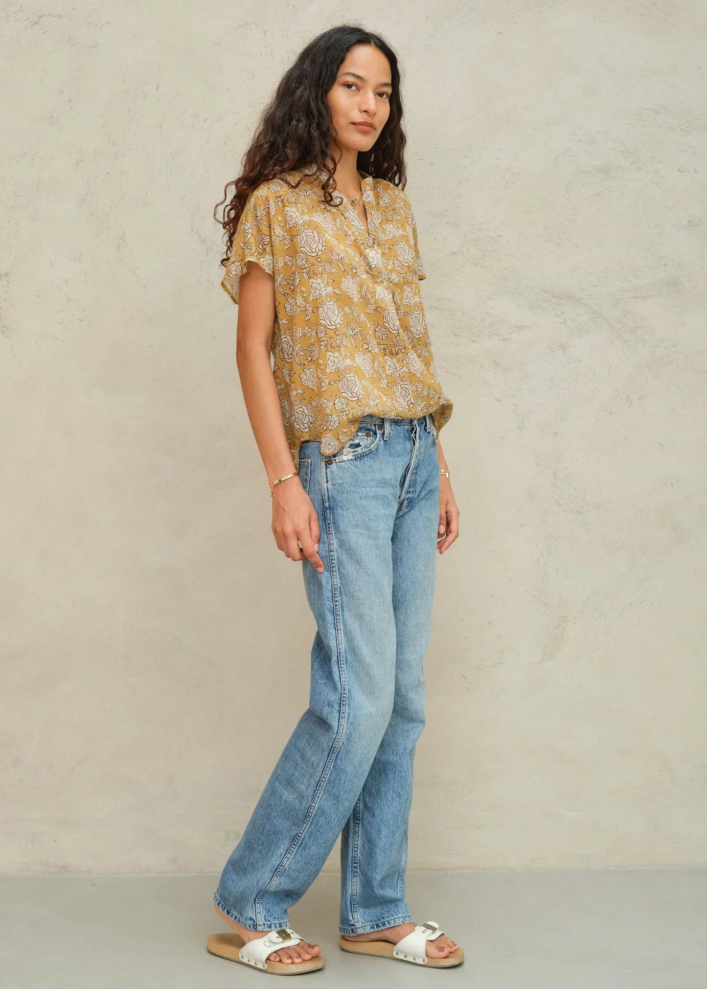M.A.B.E Tulsi Print Short Sleeve Top Mustard - top available at Hiptique boutique in Woodland Hills California