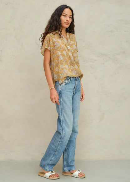 M.A.B.E Tulsi Print Short Sleeve Top Mustard - top available at Hiptique boutique in Woodland Hills California