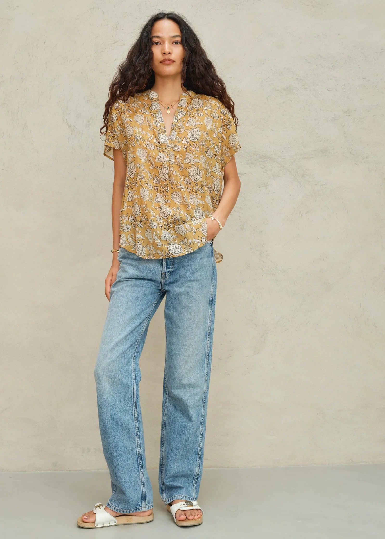 M.A.B.E Tulsi Print Short Sleeve Top Mustard - top available at Hiptique boutique in Woodland Hills California