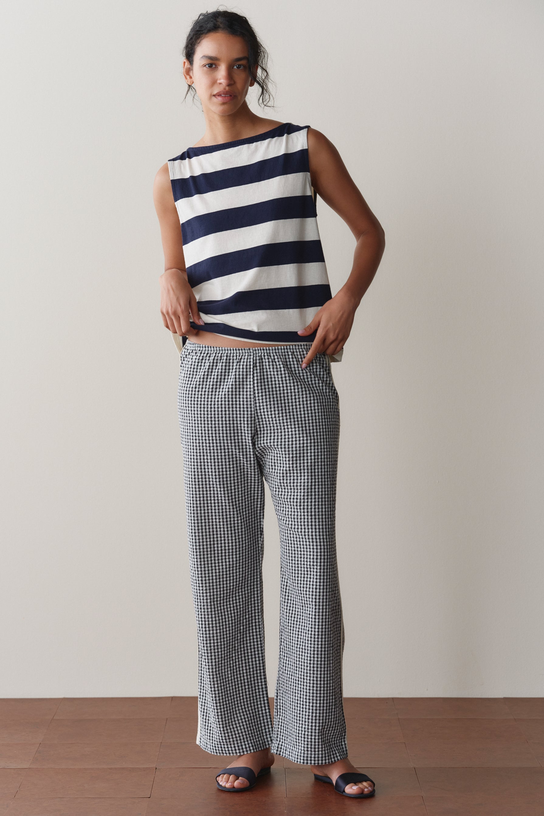 DONNI The Cotton Gingham Stripe Crop Pant Jet Black - pant available at Hiptique boutique in Woodland Hills California