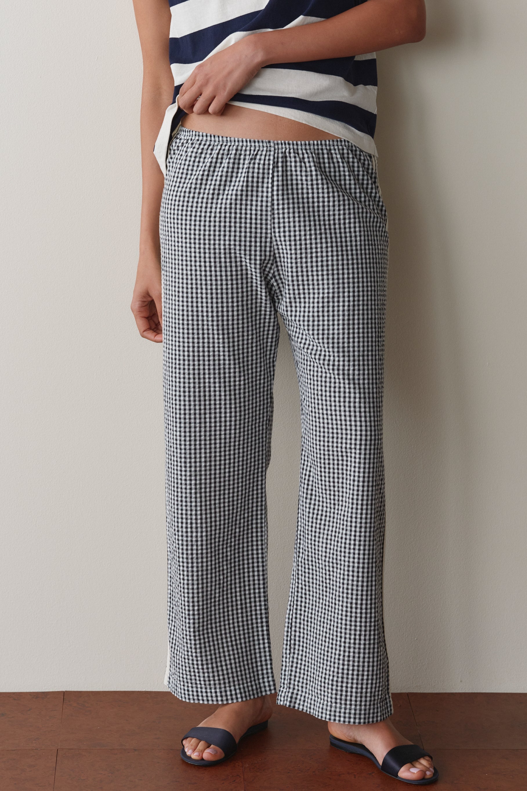DONNI The Cotton Gingham Stripe Crop Pant Jet Black - pant available at Hiptique boutique in Woodland Hills California