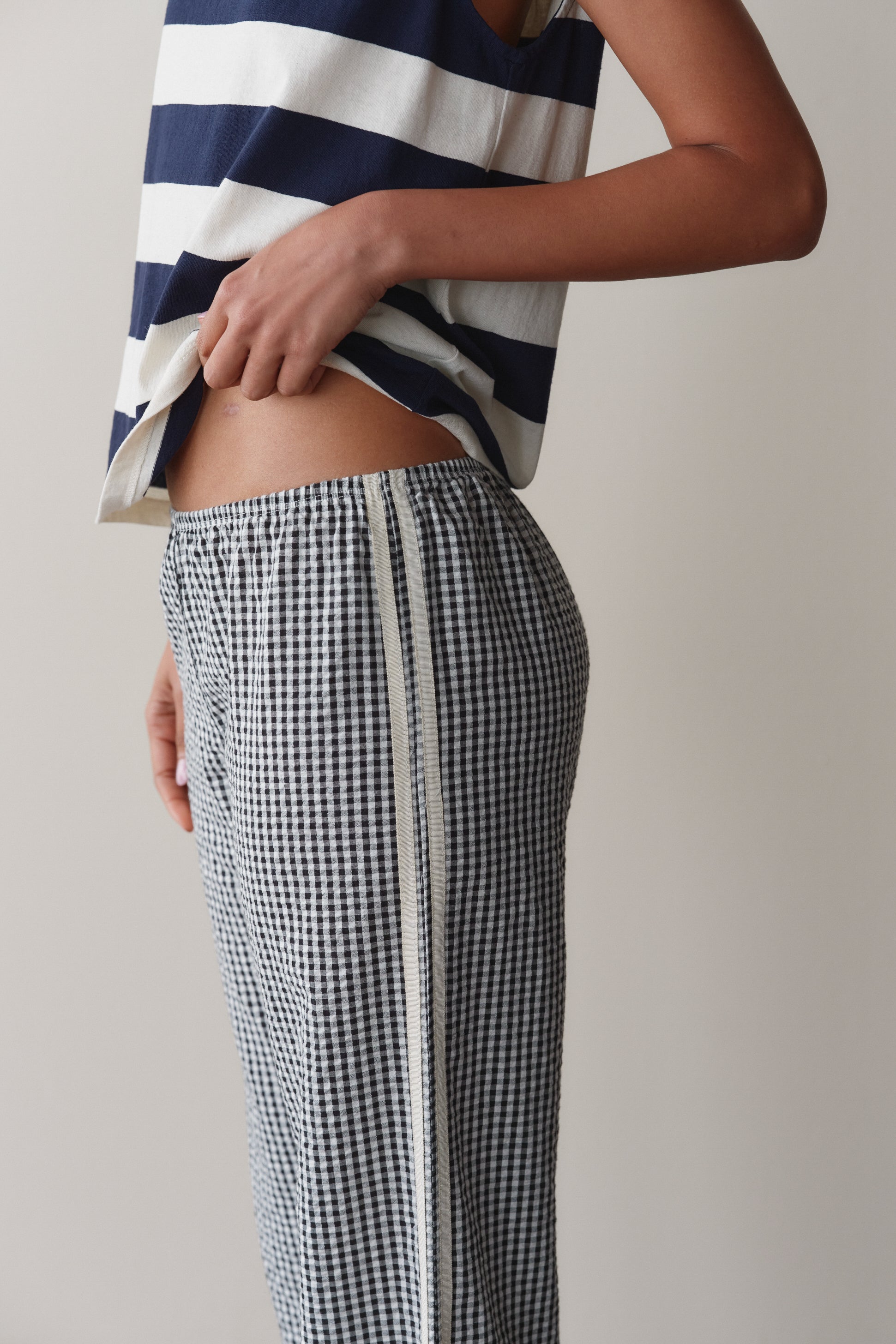 DONNI The Cotton Gingham Stripe Crop Pant Jet Black - pant available at Hiptique boutique in Woodland Hills California