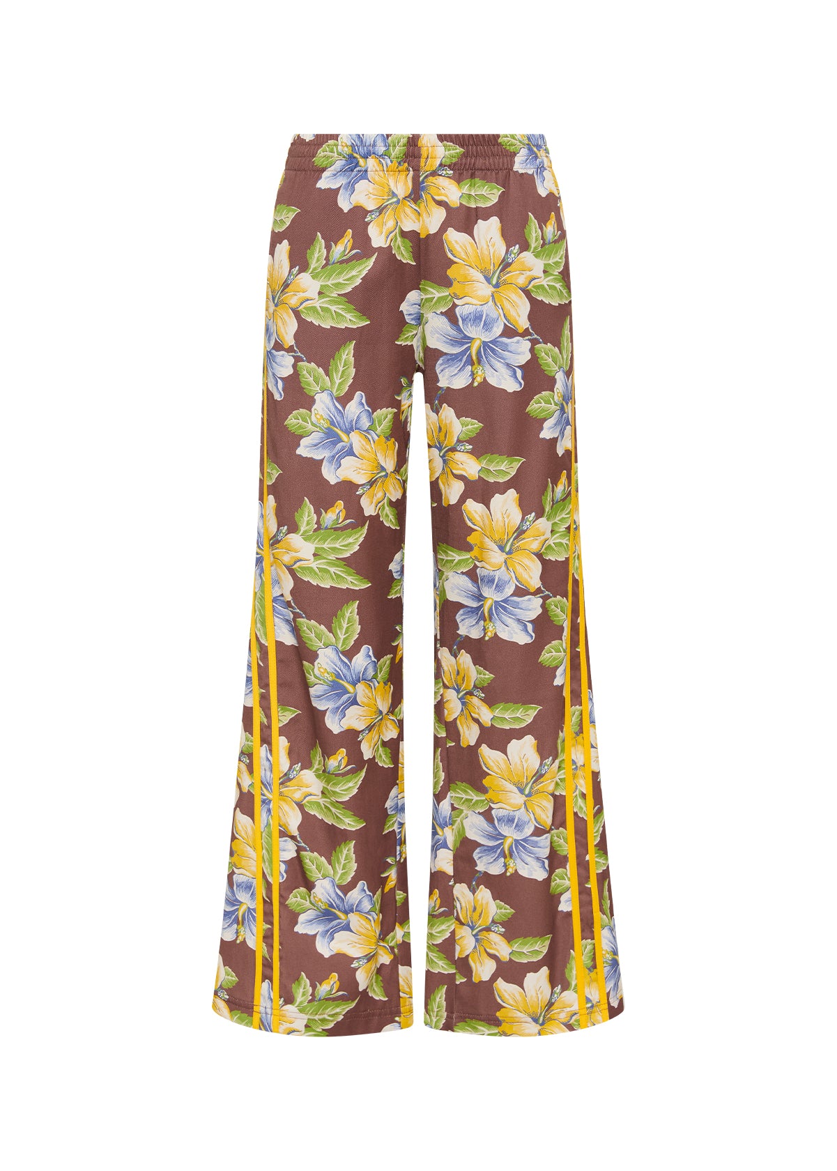 The Upside Isla Juliet Pant Botanical - detail view - split hem and yellow contrast binding at Hiptique Woodland Hills