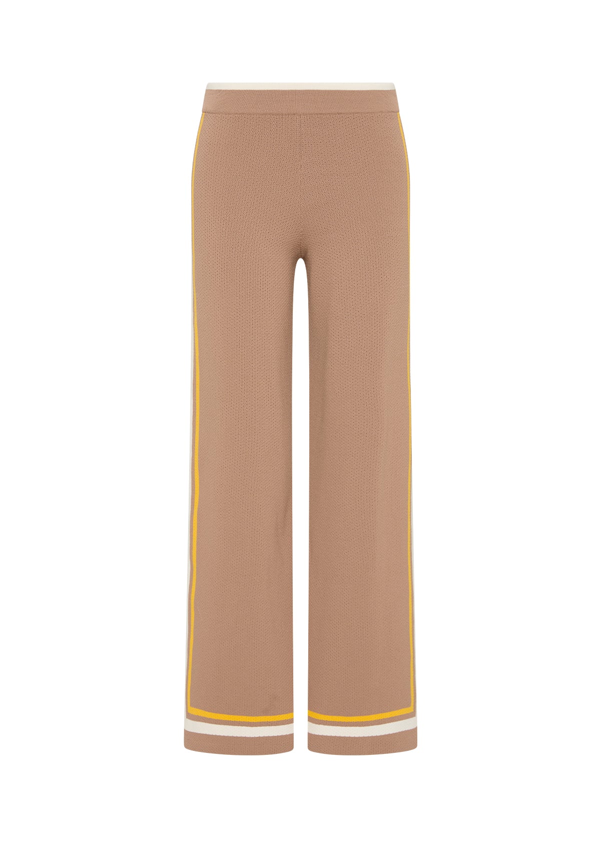 The Upside Kansas Knit Pant Mocha - detail view - embroidered arrow logo and split hem at Hiptique Woodland Hills