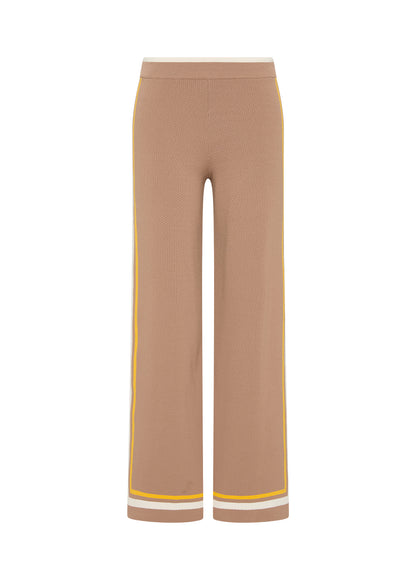 The Upside Kansas Knit Pant Mocha - detail view - embroidered arrow logo and split hem at Hiptique Woodland Hills