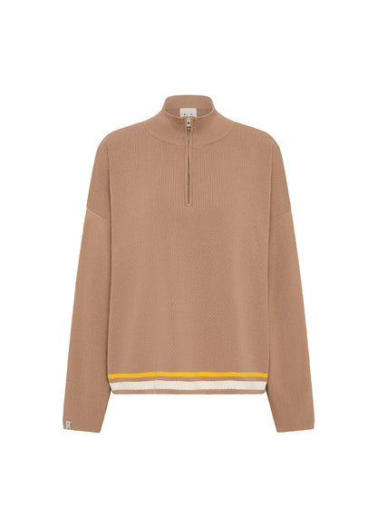 The Upside Carter Knit Zip Top Mocha - detail view - 100% nylon knit athleisure top at Hiptique Woodland Hills