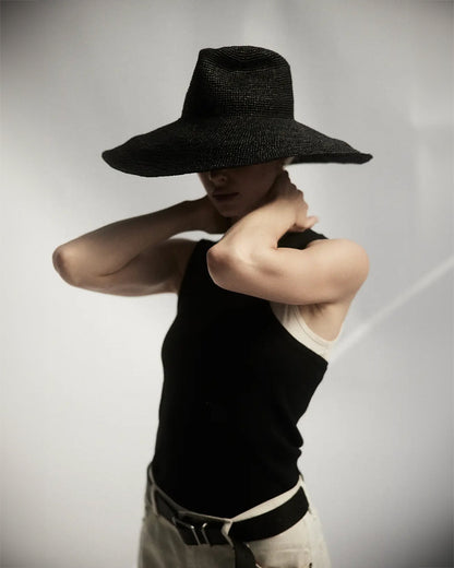 Janessa Leone Waverly Hat Black - women's packable wide-brim raffia straw hat available at Hiptique boutique in Woodland Hills California
