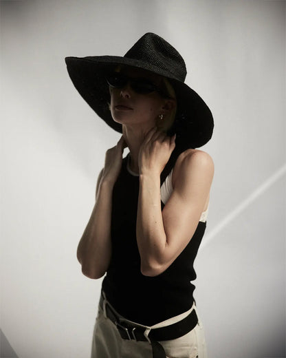 Janessa Leone Waverly Hat Black - women's packable wide-brim raffia straw hat available at Hiptique boutique in Woodland Hills California