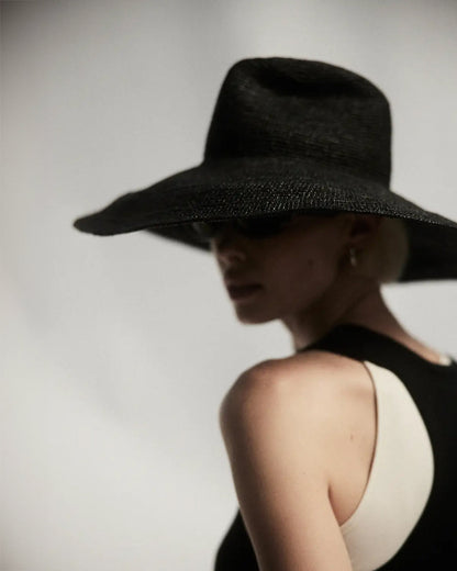 Janessa Leone Waverly Hat Black - women's packable wide-brim raffia straw hat available at Hiptique boutique in Woodland Hills California