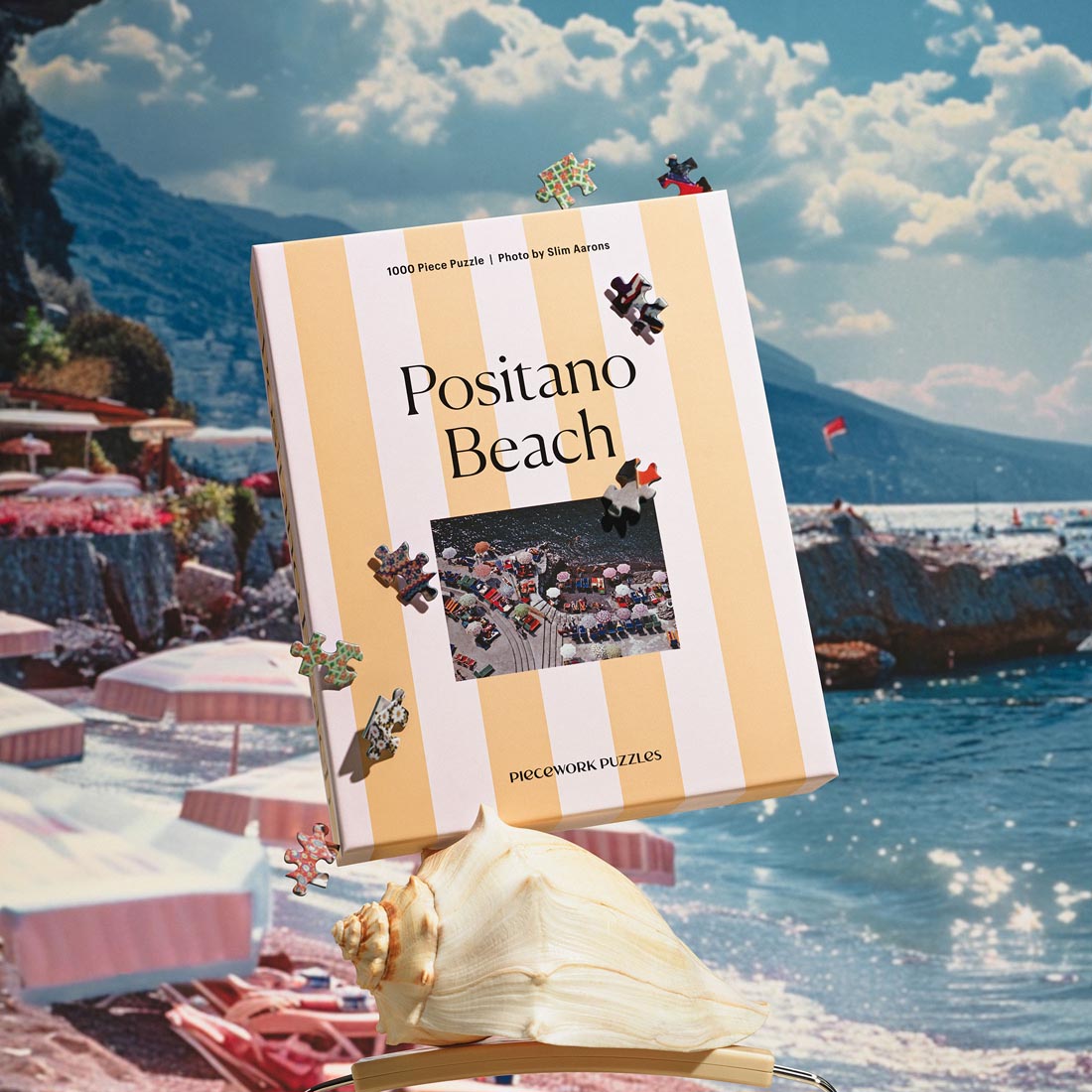 Piece Work Puzzles Positano Beach Slim Aarons 1000-piece jigsaw puzzle available at Hiptique boutique in Woodland Hills California
