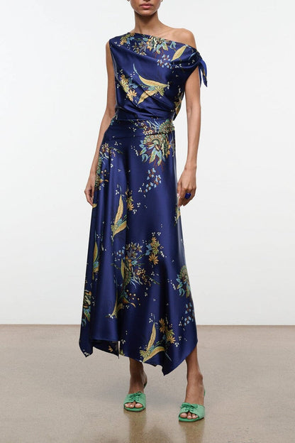 STAUD Portia Silk Dress Tapestry Midnight - Dresses available at Hiptique in Woodland Hills