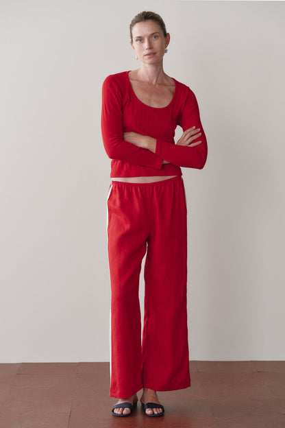 DONNI Linen Crop Stripe Pant Bell Pepper - women's pants available at Hiptique boutique in Woodland Hills California