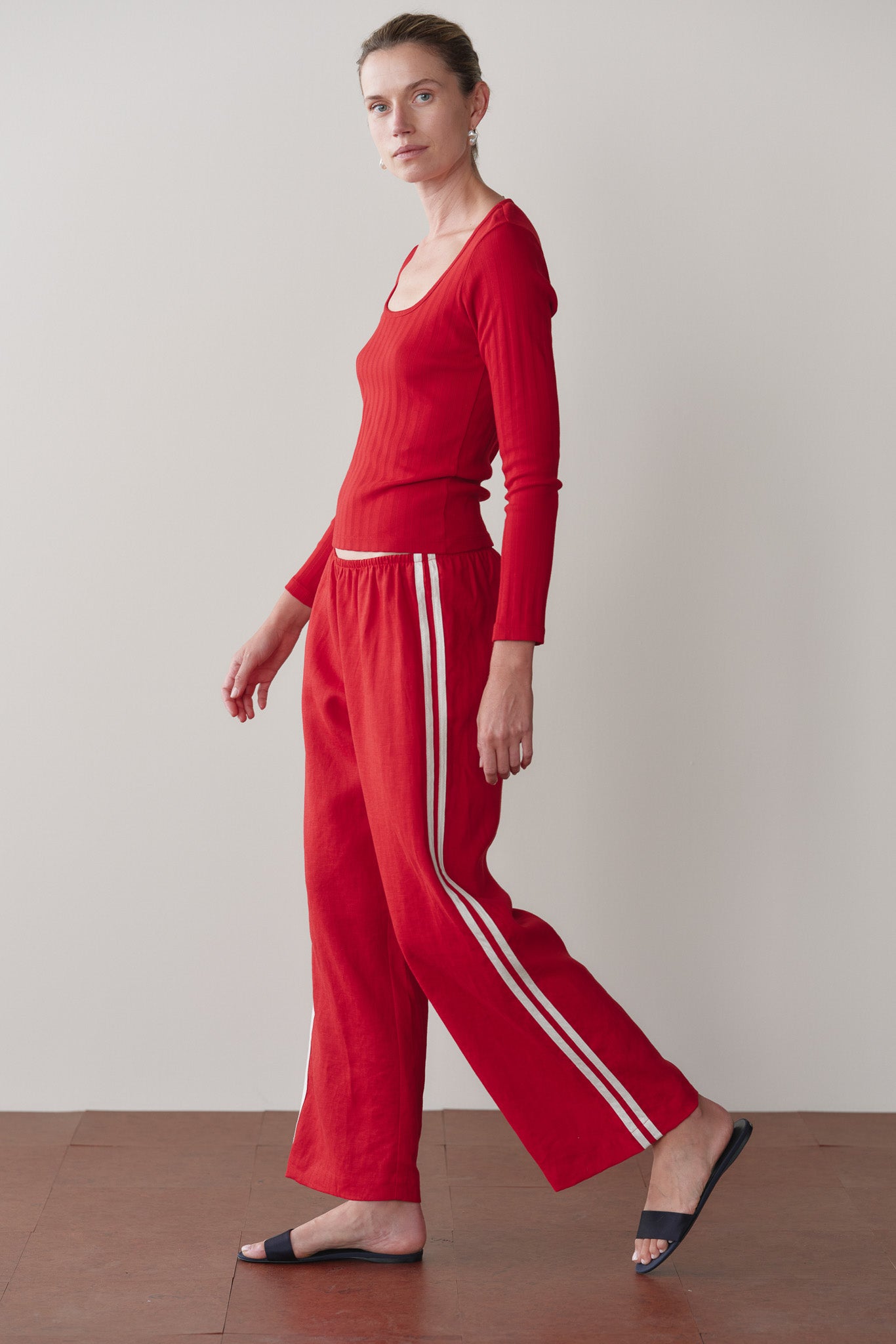 DONNI Linen Crop Stripe Pant Bell Pepper - women's pants available at Hiptique boutique in Woodland Hills California