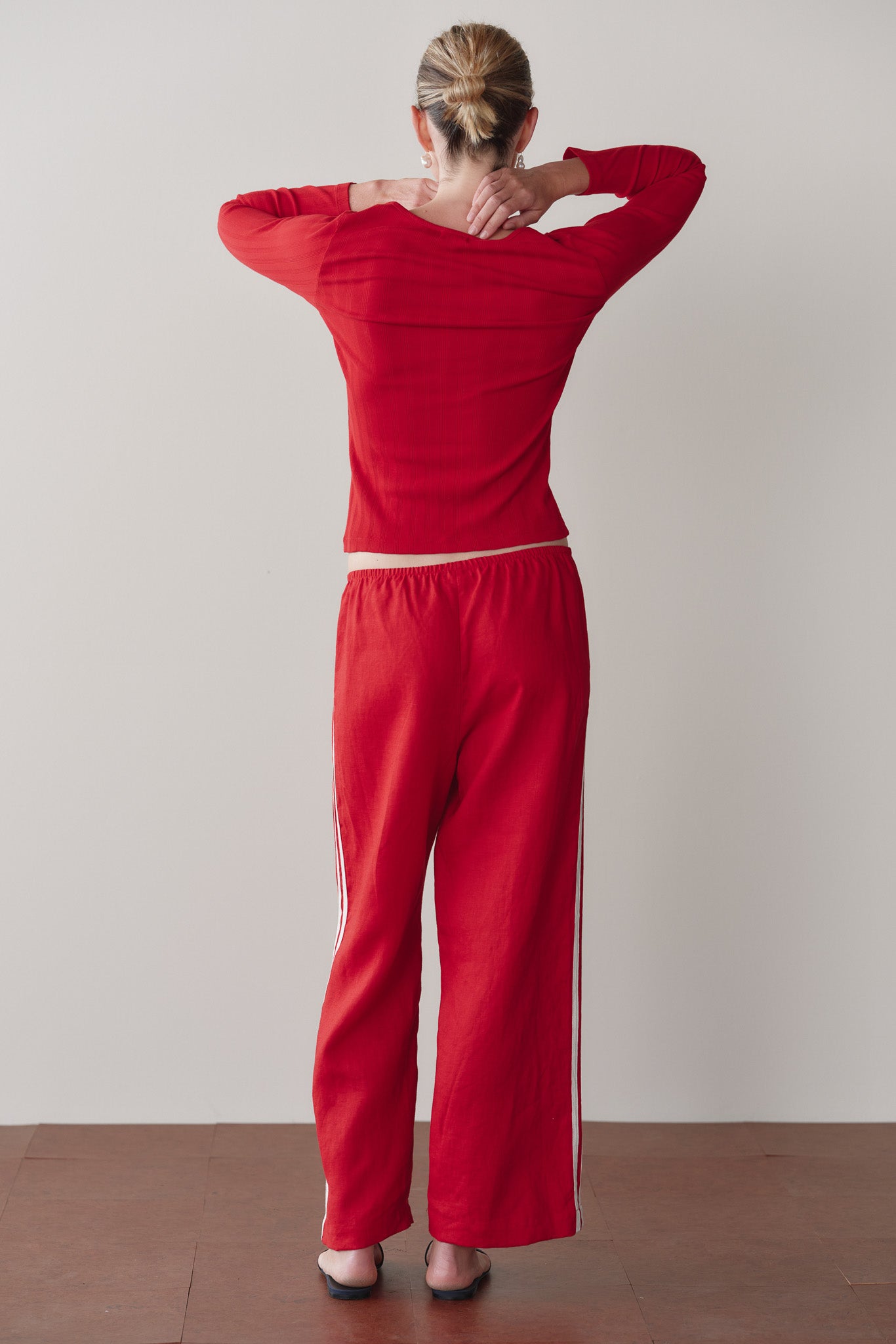 DONNI Linen Crop Stripe Pant Bell Pepper - women's pants available at Hiptique boutique in Woodland Hills California