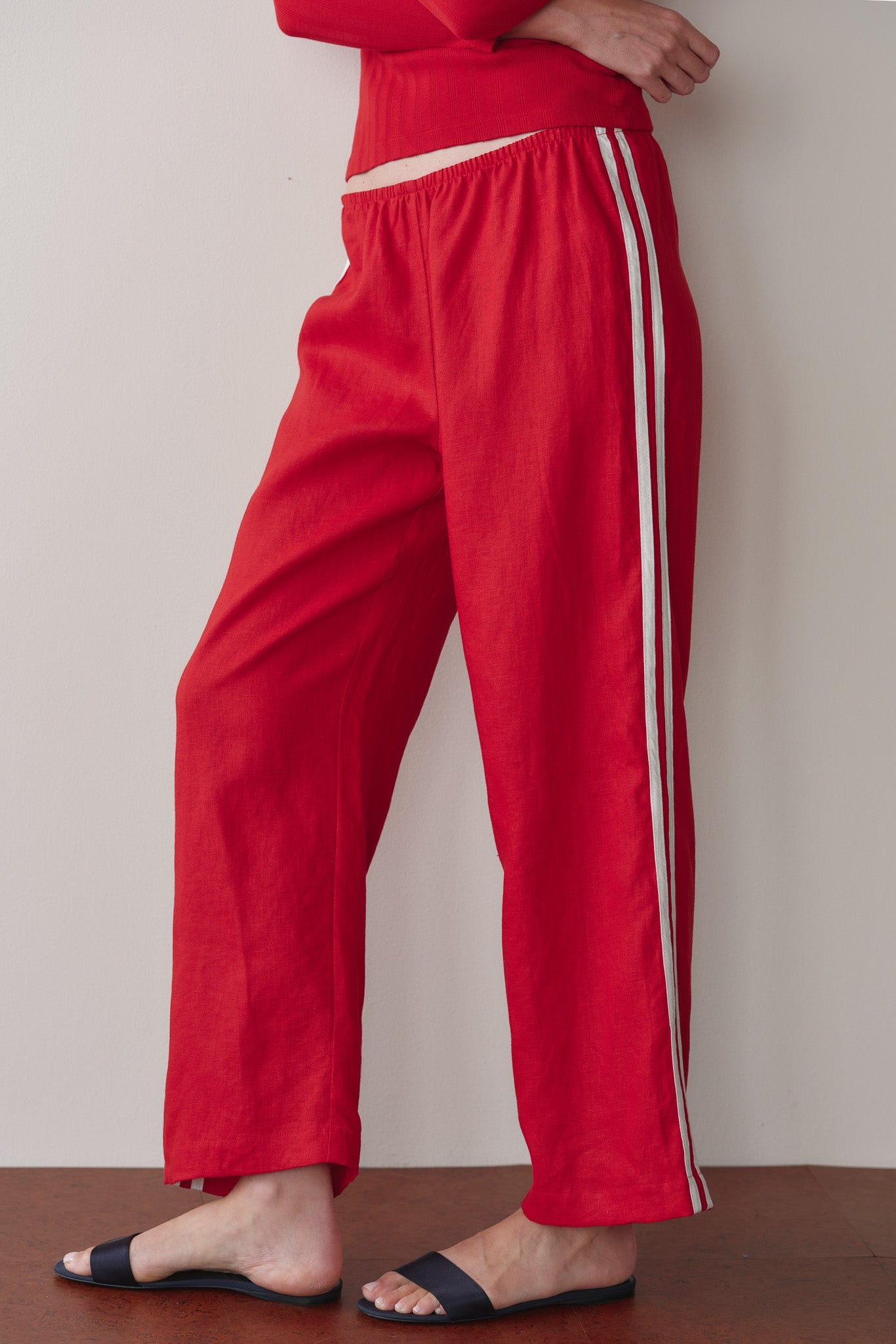 DONNI Linen Crop Stripe Pant Bell Pepper - women's pants available at Hiptique boutique in Woodland Hills California
