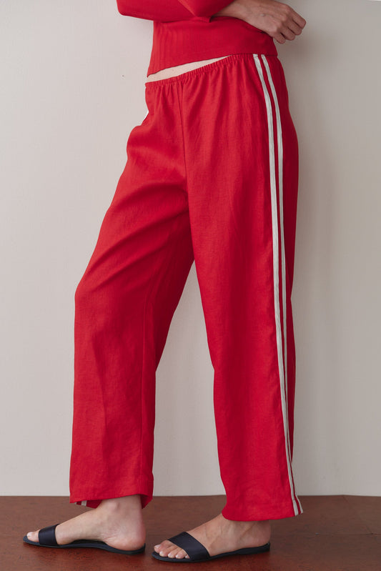 DONNI Linen Crop Stripe Pant Bell Pepper - women's pants available at Hiptique boutique in Woodland Hills California