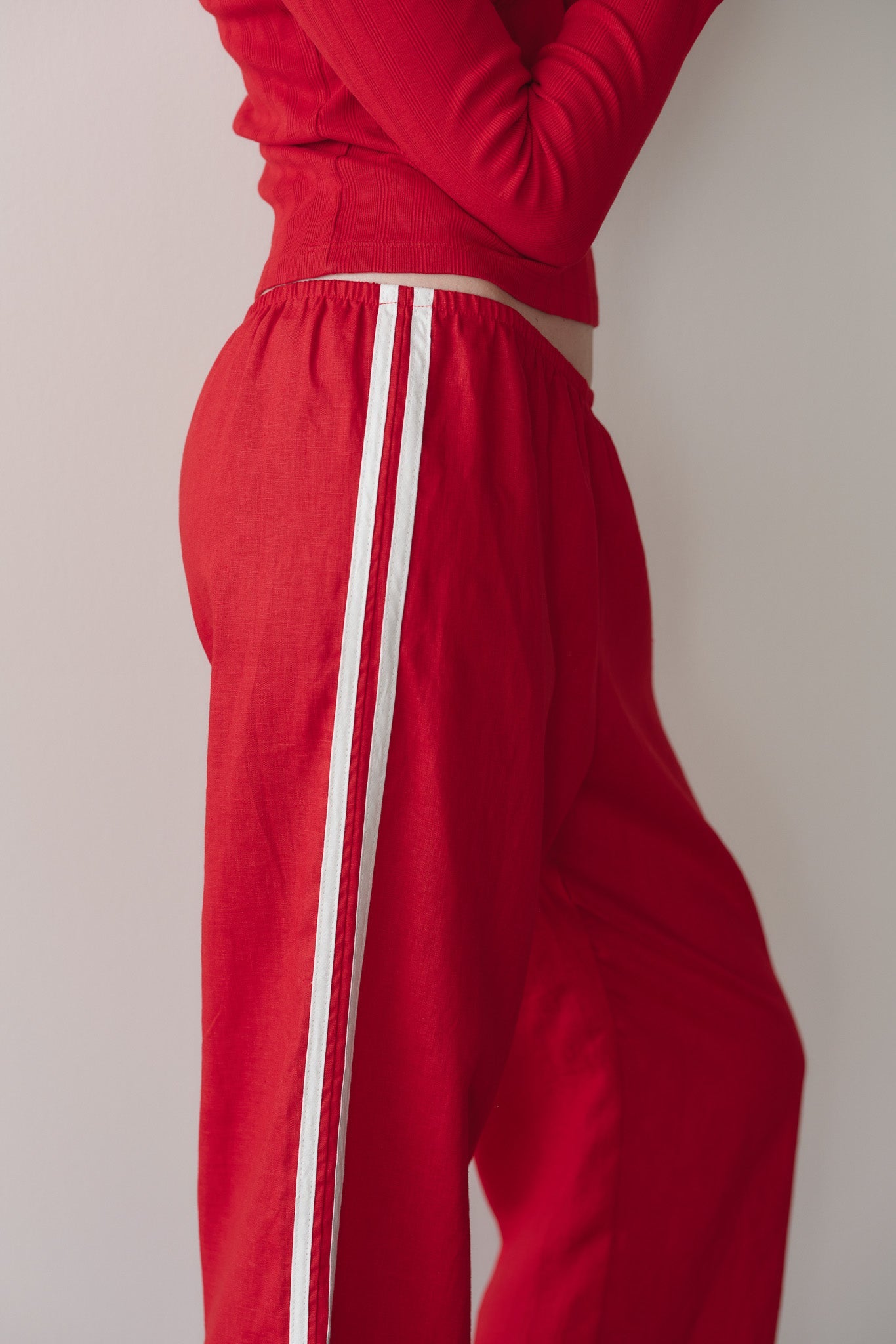 DONNI Linen Crop Stripe Pant Bell Pepper - women's pants available at Hiptique boutique in Woodland Hills California