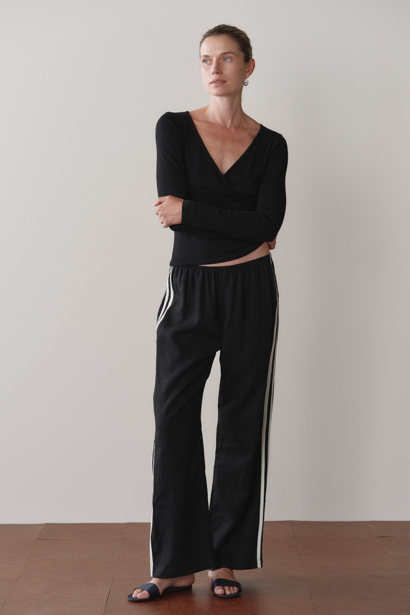 DONNI Linen Crop Stripe Pant Jet - women's pants available at Hiptique boutique in Woodland Hills California