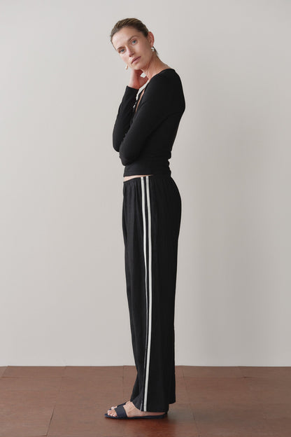 DONNI Linen Crop Stripe Pant Jet - women's pants available at Hiptique boutique in Woodland Hills California