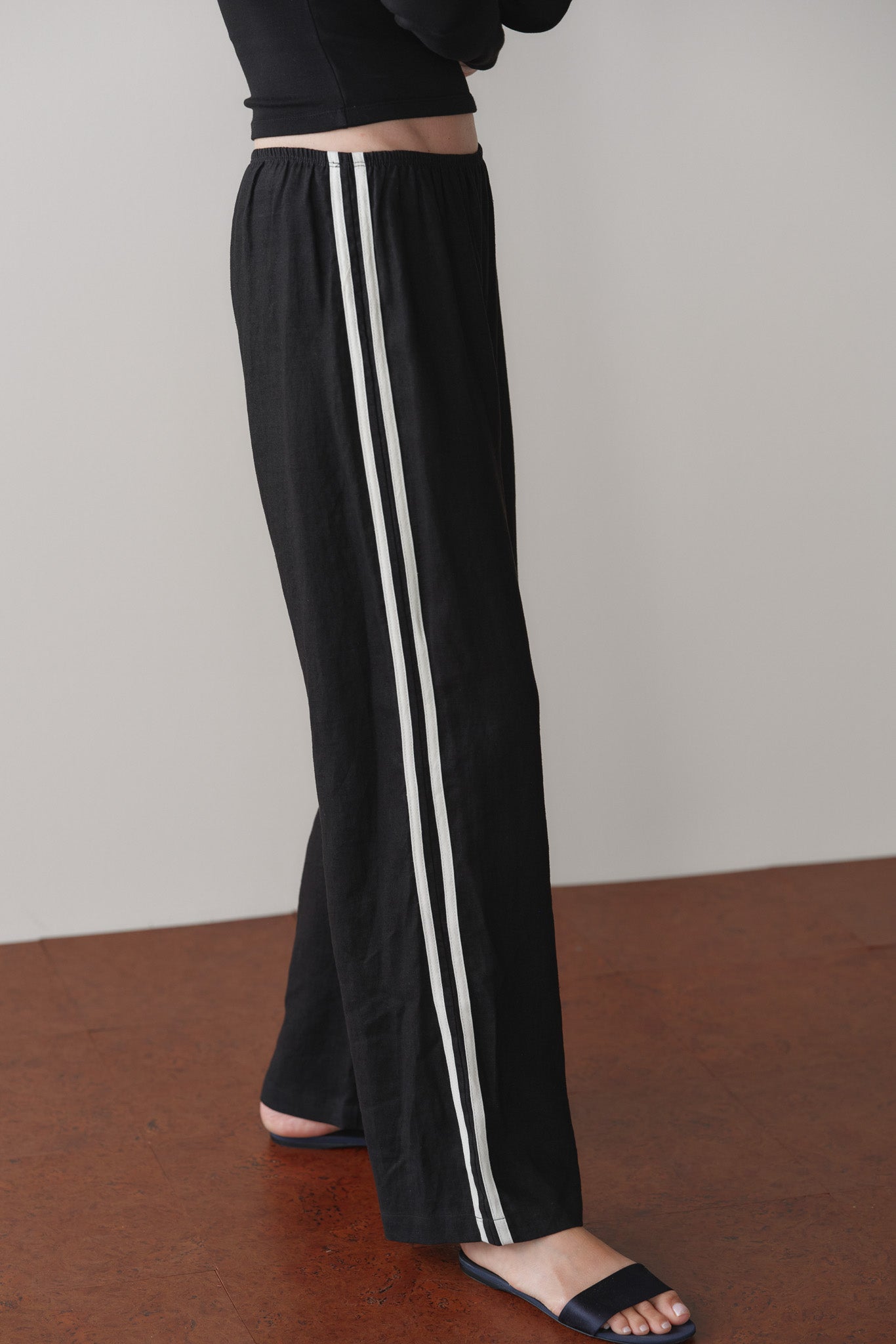DONNI Linen Crop Stripe Pant Jet - women's pants available at Hiptique boutique in Woodland Hills California