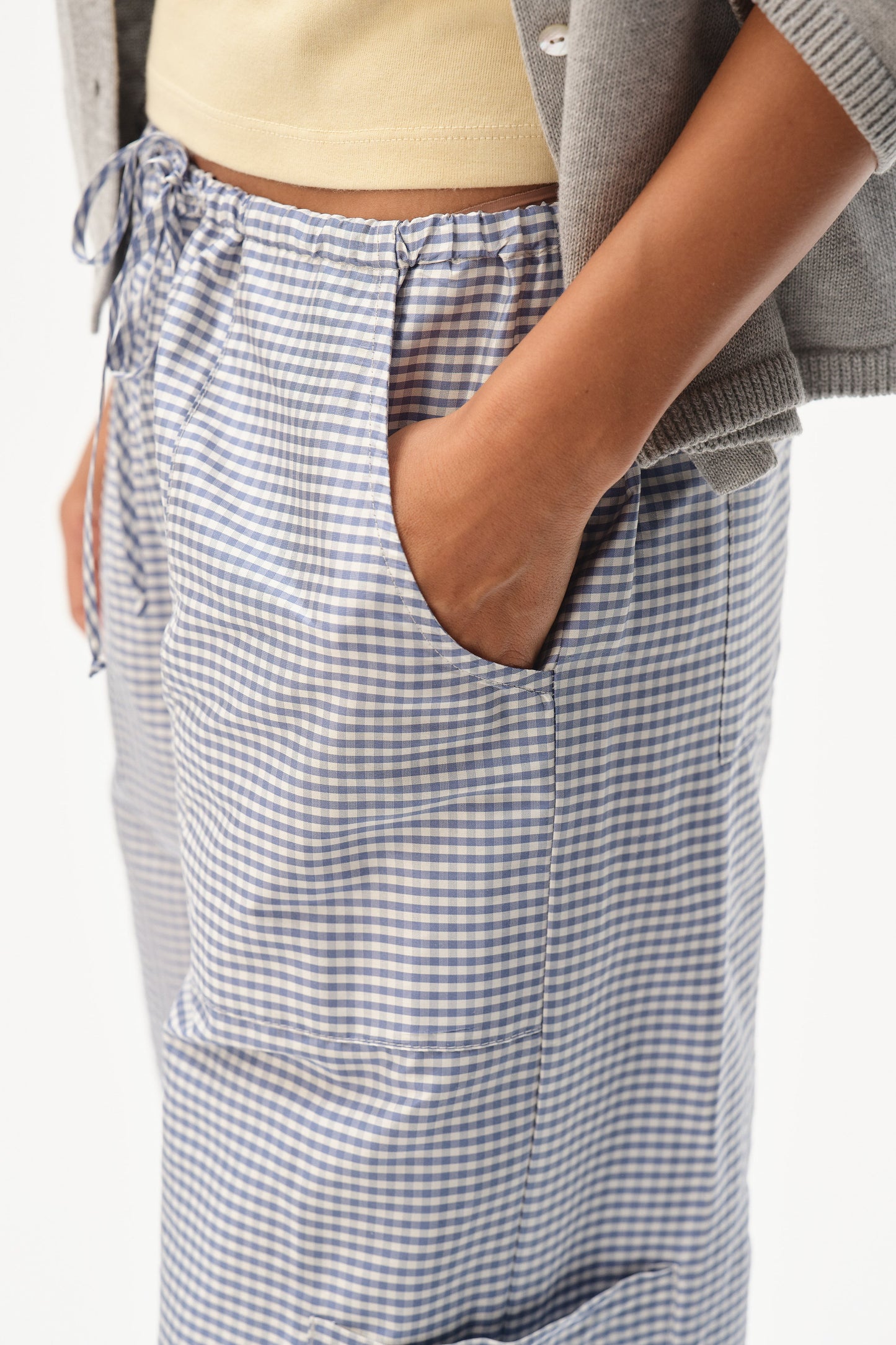 DONNI The Taffeta Gingham Drawstring Cargo CornFlower - pant available at Hiptique boutique in Woodland Hills California