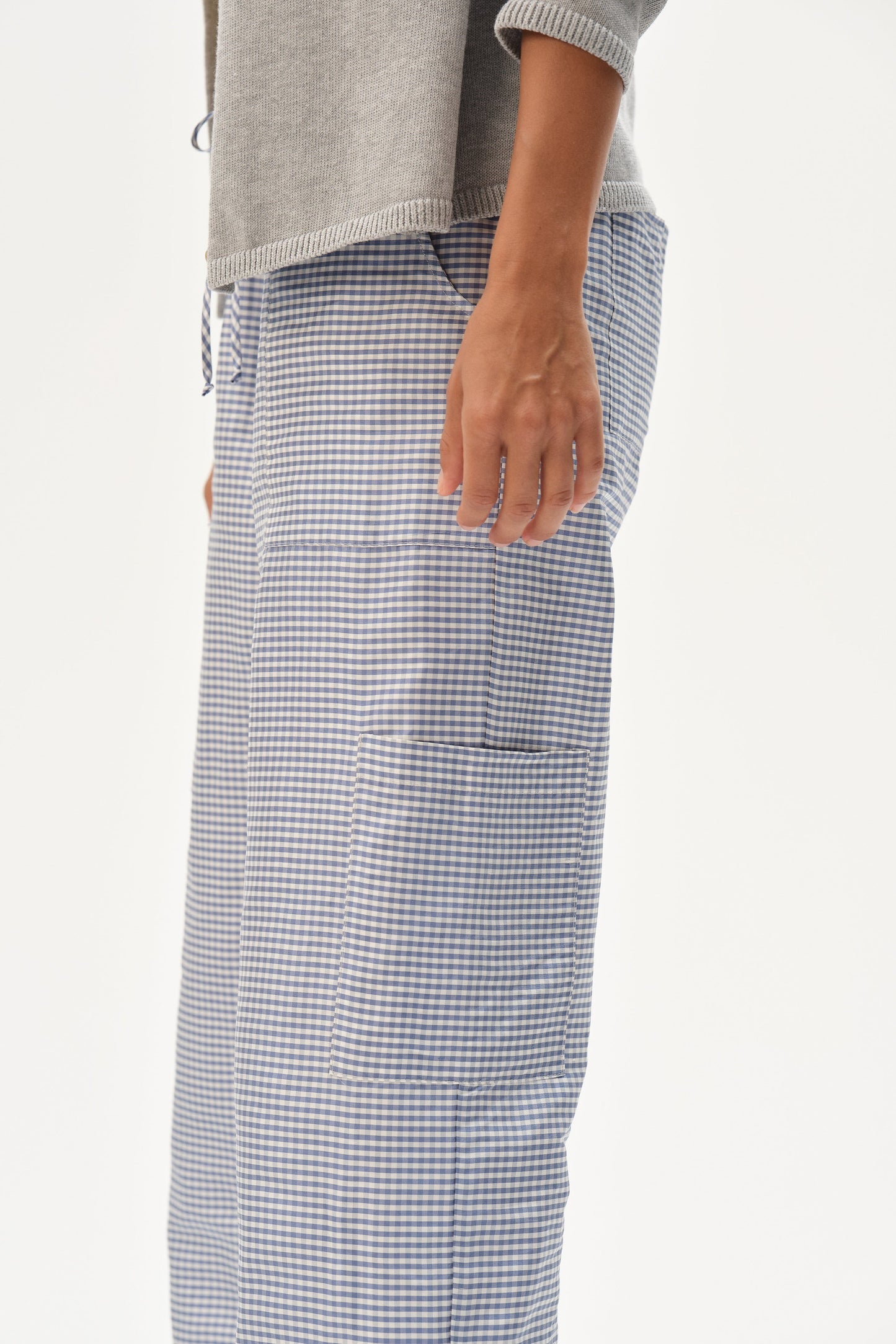 DONNI The Taffeta Gingham Drawstring Cargo CornFlower - pant available at Hiptique boutique in Woodland Hills California
