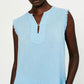 This soft gauze top has frayed armholes and bottom hems.   100% cotton.  Runs true to size.