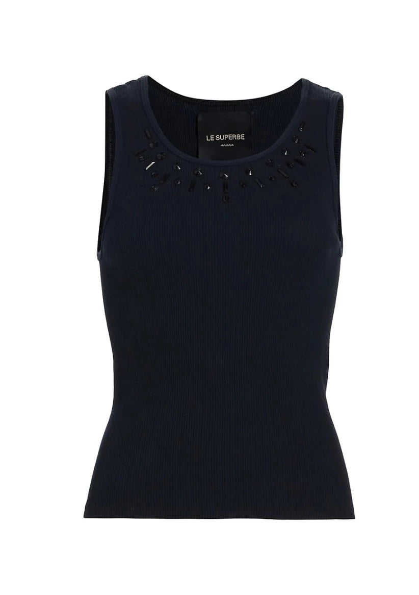 The Grammy trophy tank top has a ribbed material with a traditional neckline that is embellished with hand-sewn details. 